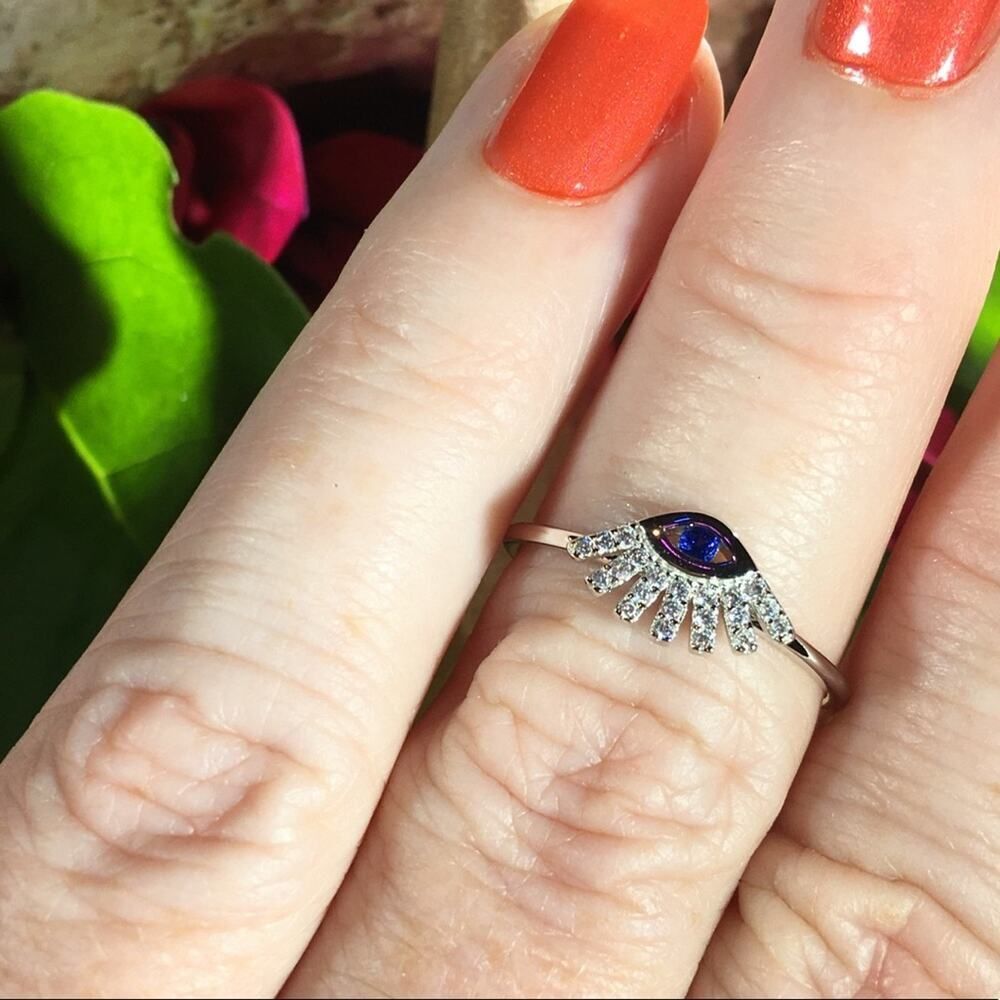 Evil Eye Sterling Silver Cz Blue Sapphire Ring Sizes 8,9